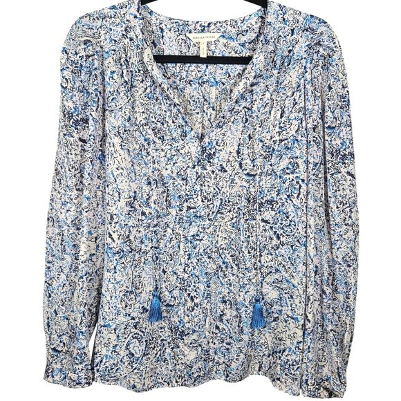 Rebecca Taylor Silk Blue Black Long Sleeve Blouse 6 Office Boho Chic Resortwear - Picture 2 of 12